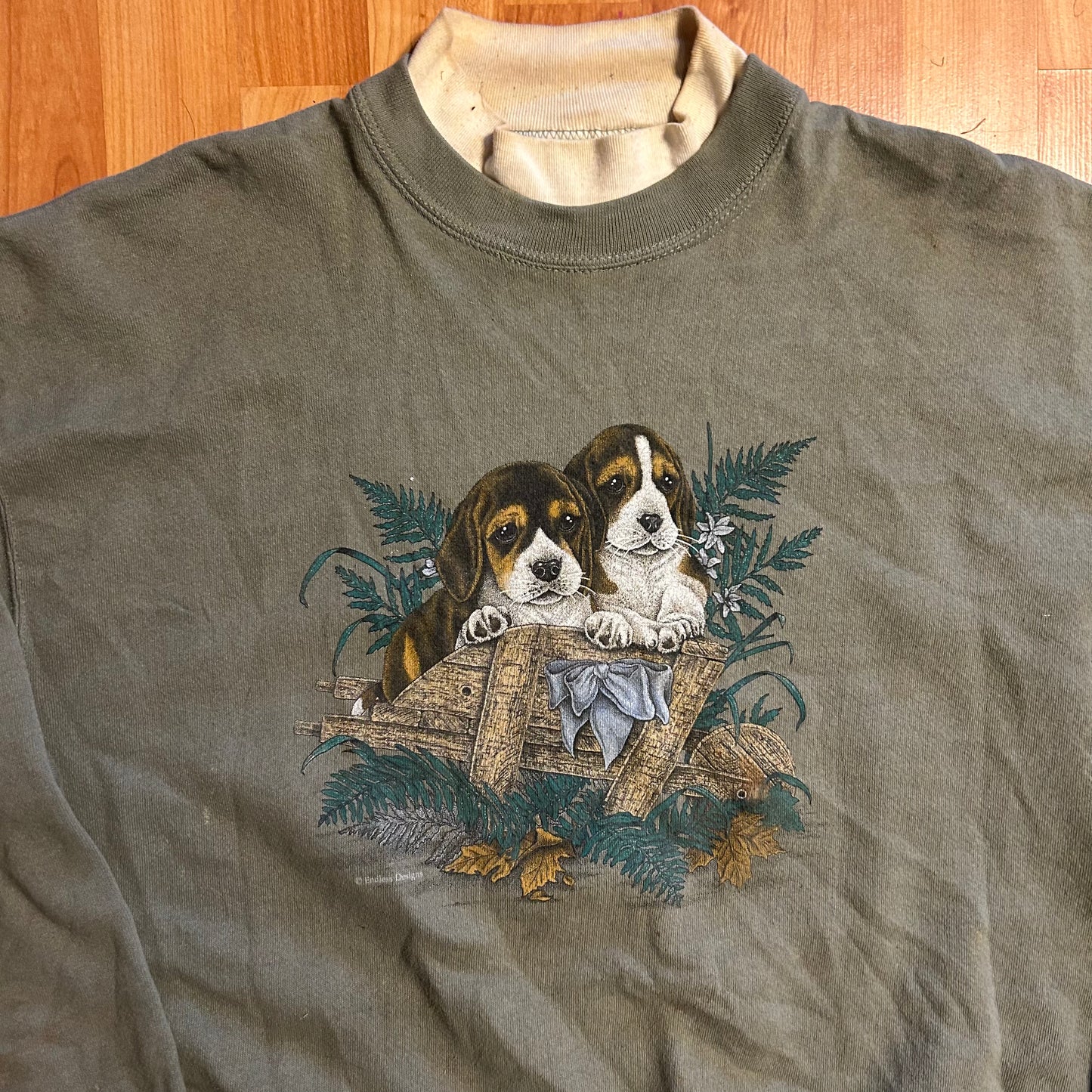 90's Pleasant Shade Green Bassett Hound Double Collared Crewneck Sweatshirt - XLarge - 24" x 28"