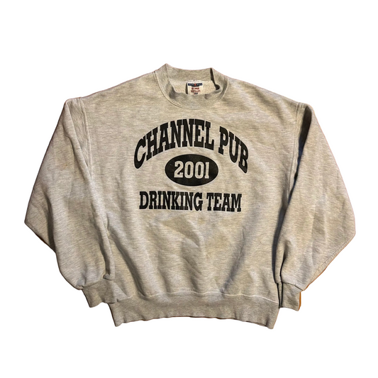 2001 Jerzees Channel Pub Drinking Team Grey Crewneck Sweatshirt - Large - 22" x 24"