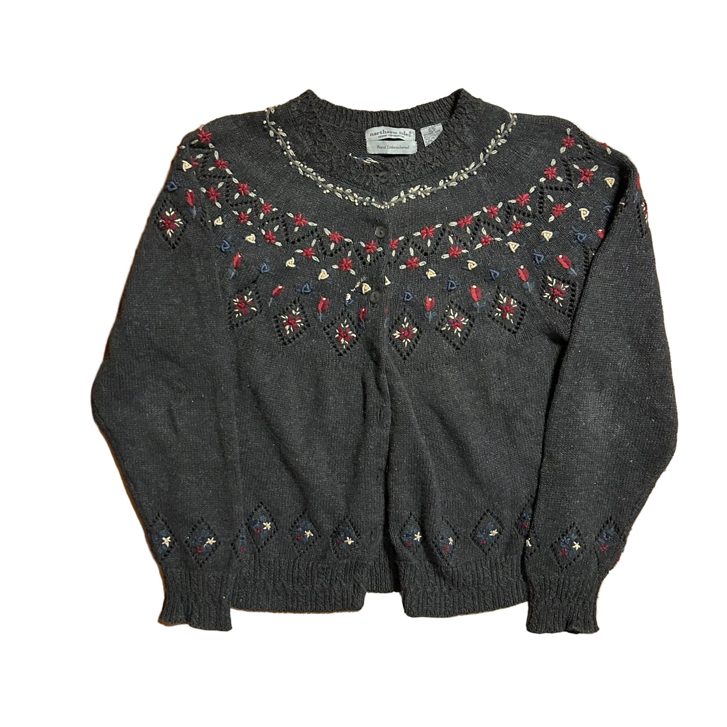Handmade Northern Isles Grey Cardigan Sweater - Medium - 20" x 23"