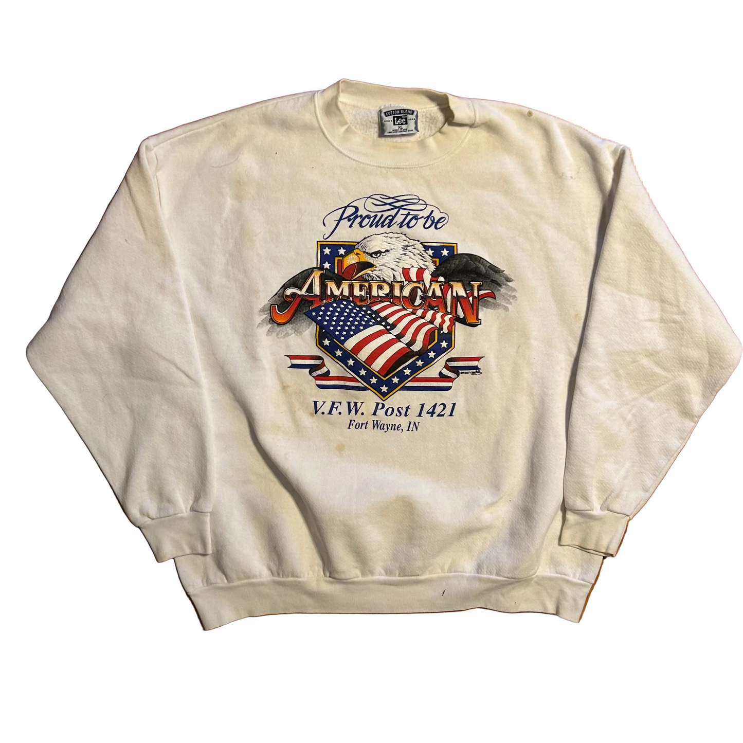 90's Lee Proud to be American VFW Fort Wayne White Crewneck Sweatshirt - XLarge - 25" x 26.5"
