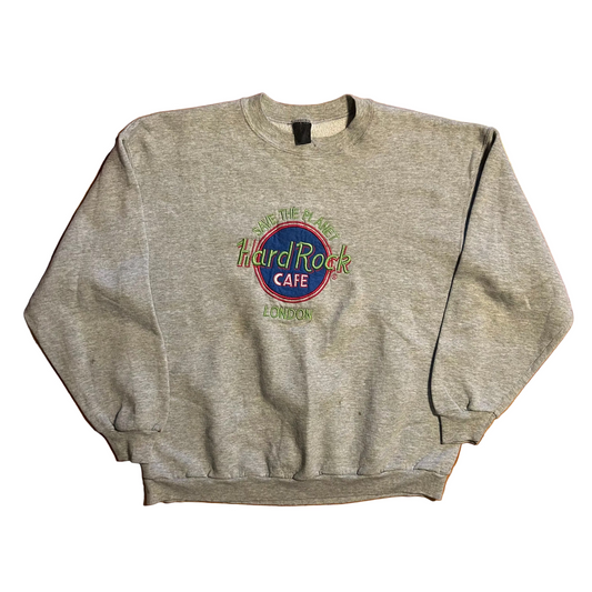 90's Save The Planet Hard Rock Cafe Grey Crewneck Sweatshirt - Large - 23" x 25"
