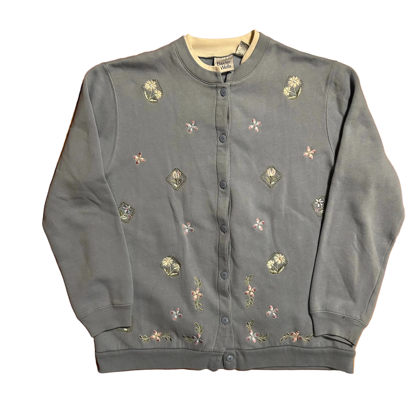 Baxter Wells Light Blue Floral Cardigan Sweater - Large - 23.5" x 28"