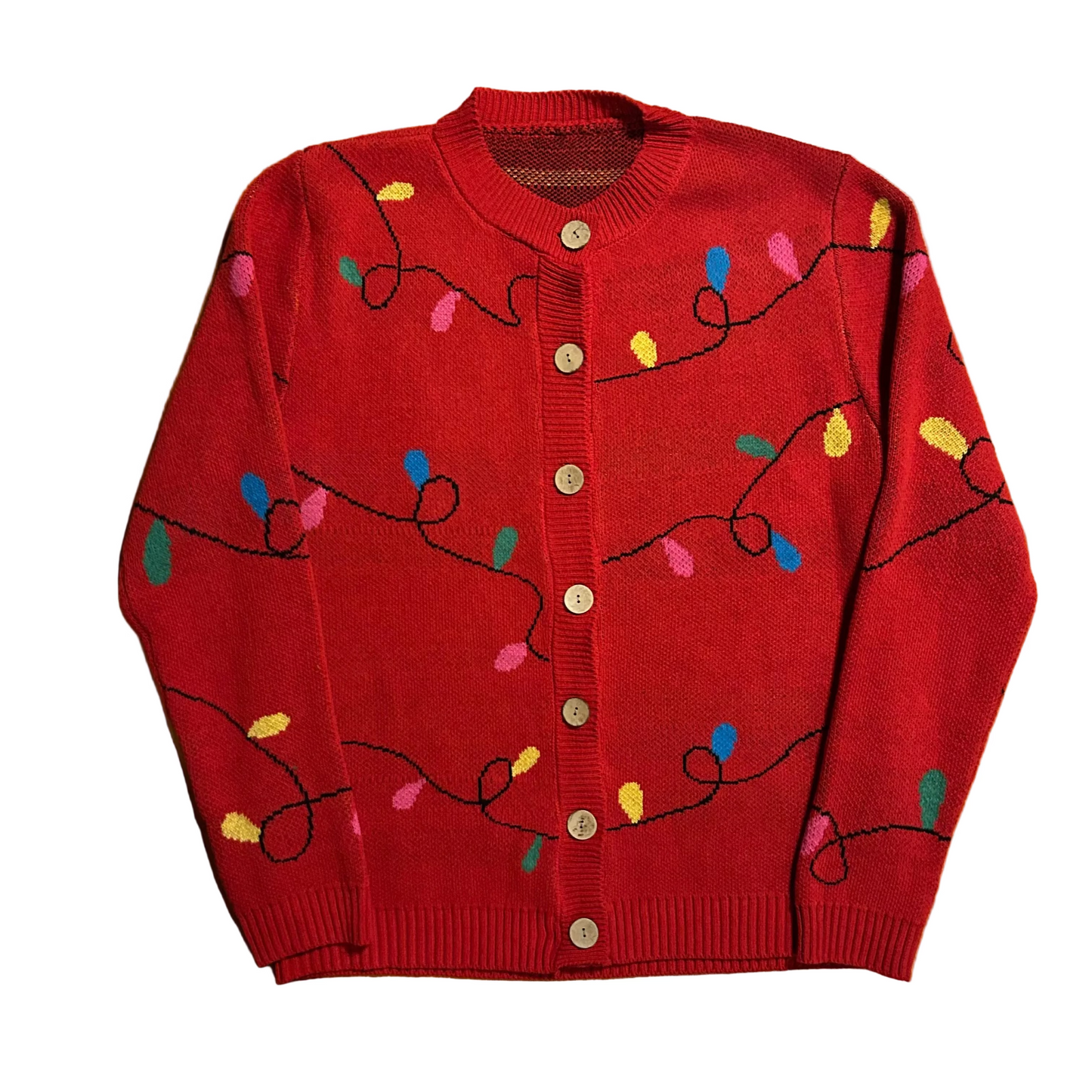 Red Christmas Lights Cardigan Sweater - Large - 22" x 29"