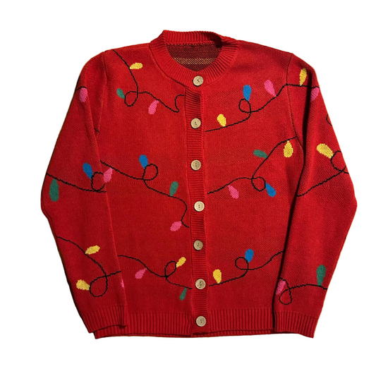 Red Christmas Lights Cardigan Sweater - Large - 22" x 29"