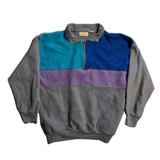 70/80's GBC Color Blocked Purple Teal Blue Grey Quarter Zip Fleece Sweatshirt - Large - 23" x 26"