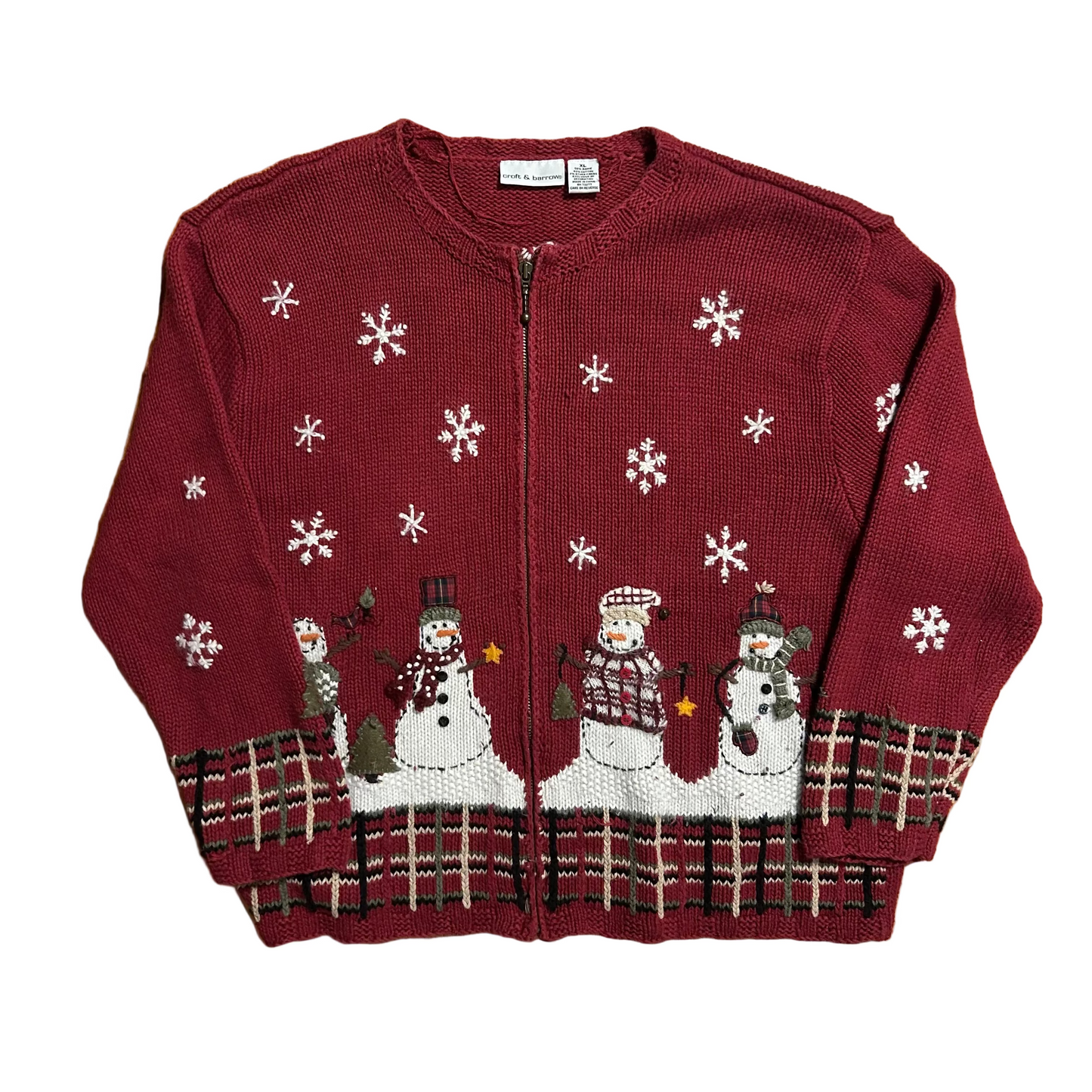 Croft and Barrow Red Zip Up Snowman Cardigan Sweater - Large - 23" x 25"