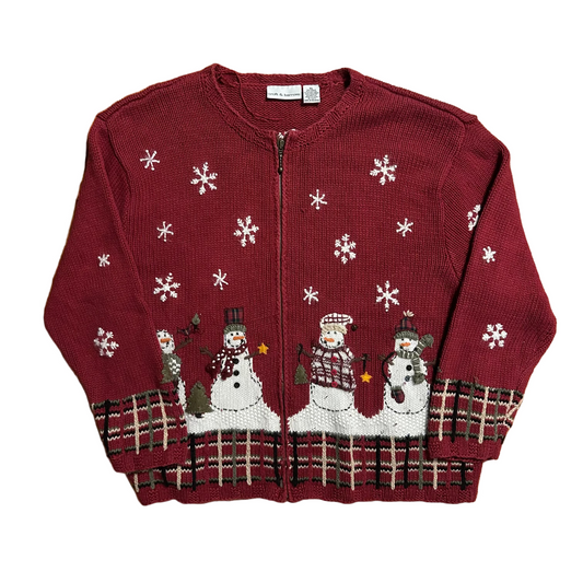 Croft and Barrow Red Zip Up Snowman Cardigan Sweater - Large - 23" x 25"