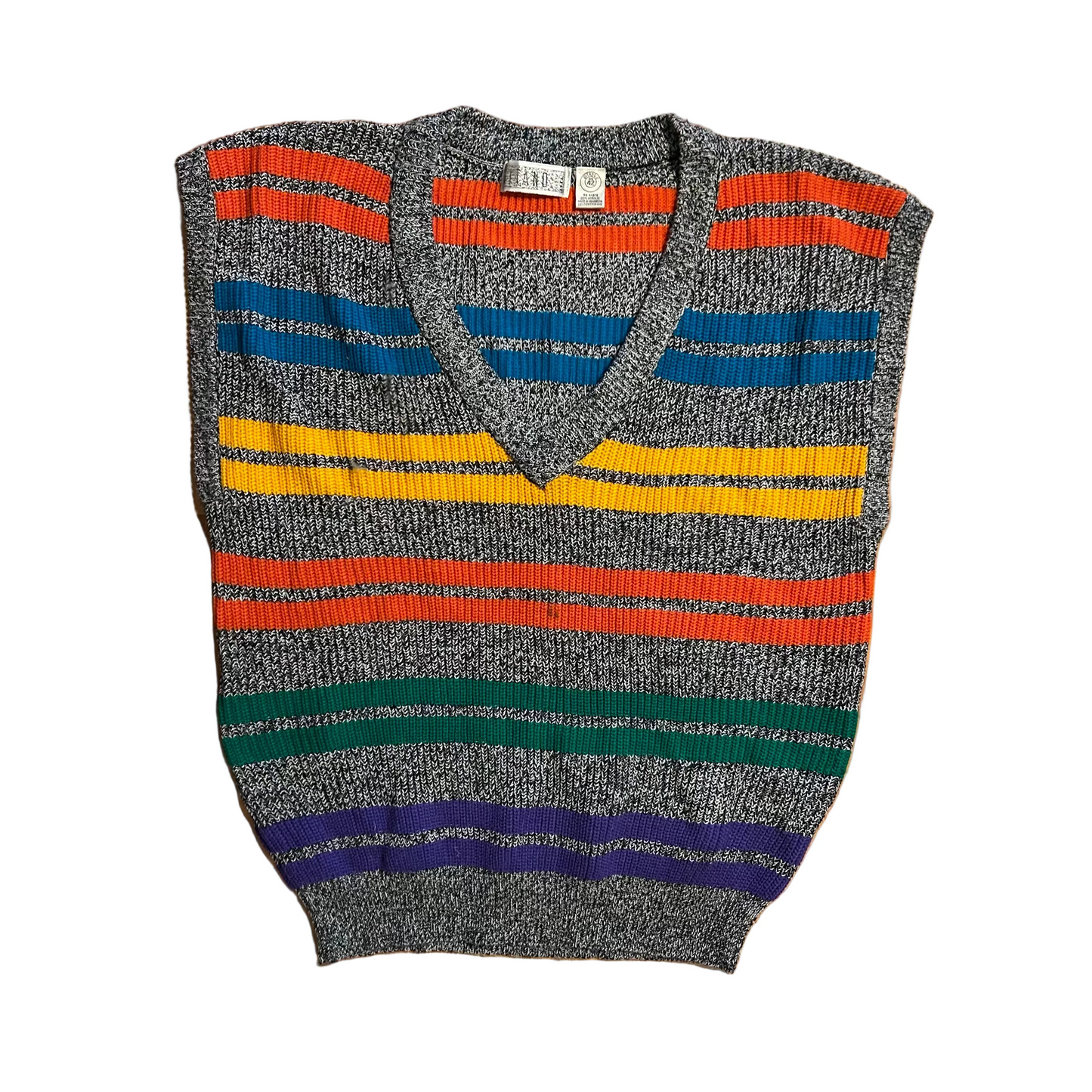 Gitano Acrylic Color Blocked Grey Yellow Orange V Neck Sweater Vest - Large - 23" x 28"