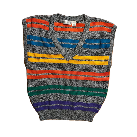 Gitano Acrylic Color Blocked Grey Yellow Orange V Neck Sweater Vest - Large - 23" x 28"