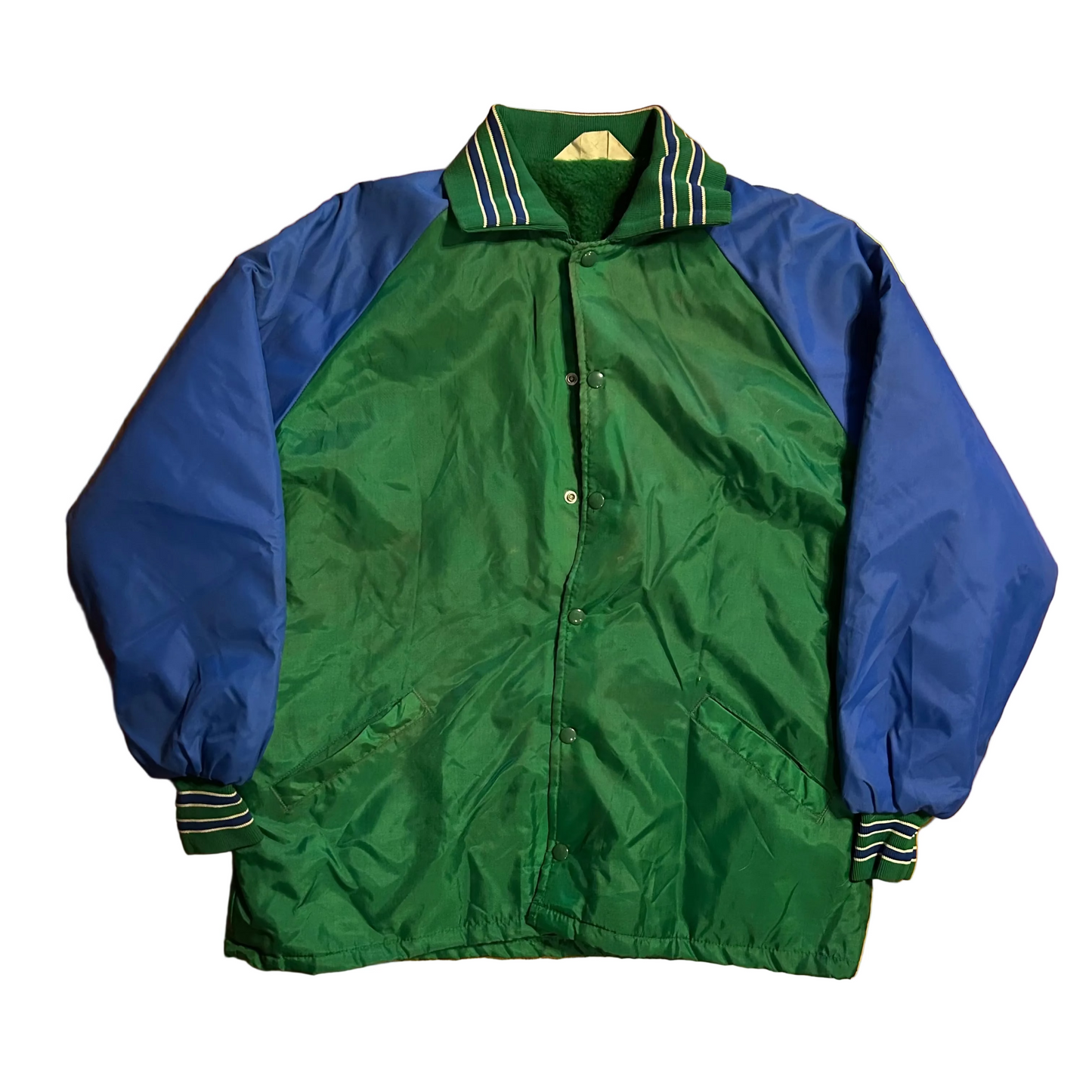 70/80's Gem Sportswear Zip Up Varsity Fur Lined Green Blue Jacket Coat - XLarge - 24" x 28"