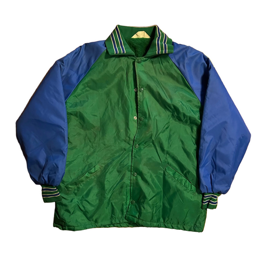70/80's Gem Sportswear Zip Up Varsity Fur Lined Green Blue Jacket Coat - XLarge - 24" x 28"
