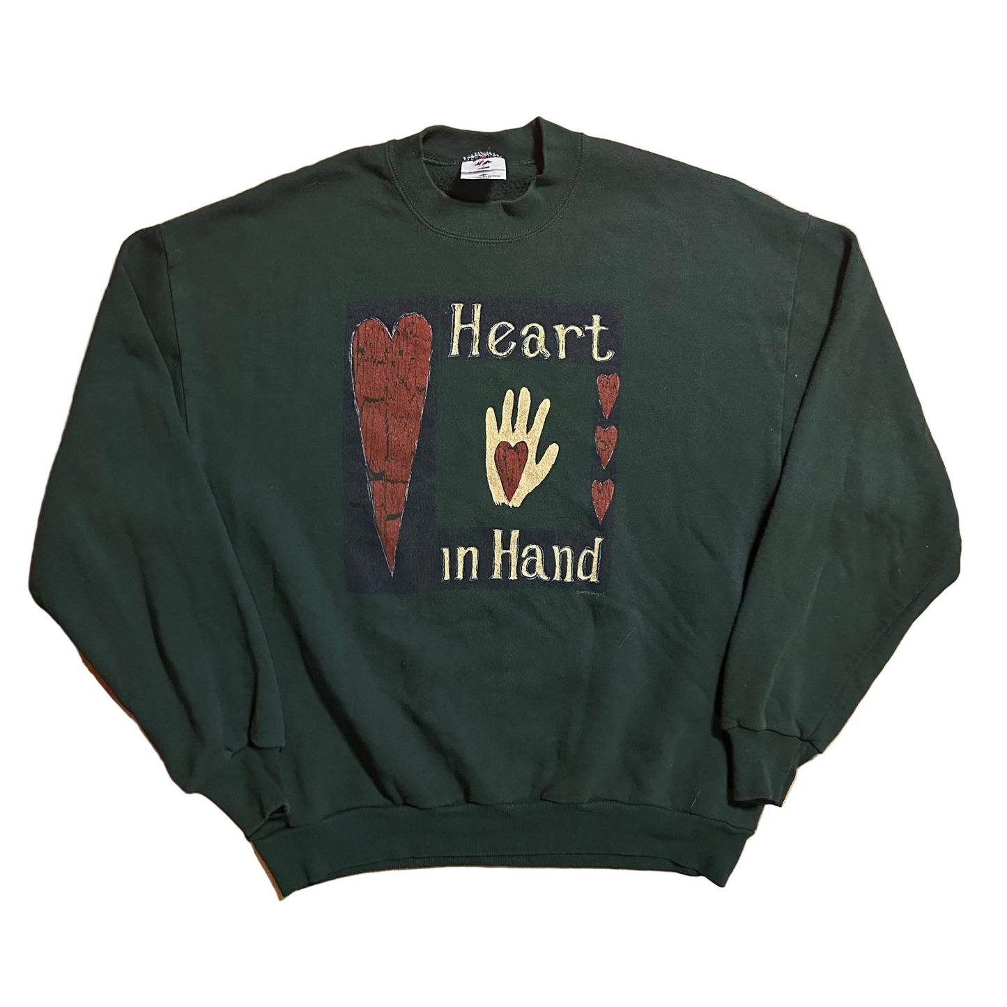 90’s Jerzees Heart in Hand Green Crewneck Sweatshirt - XLarge - 24" x 27"