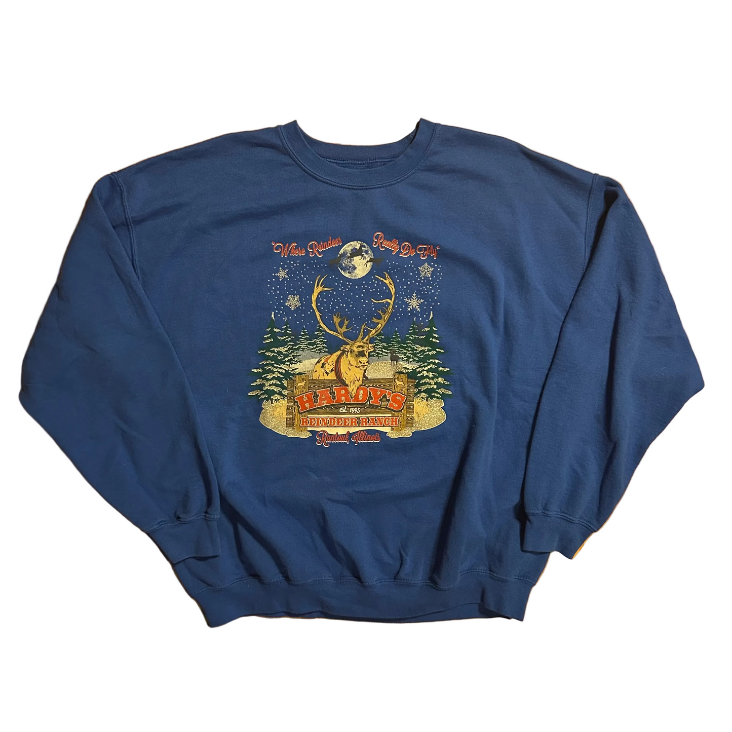 Hardy's Reindeer Ranch 蓝色圆领卫衣 - 加大码 (XLarge) - 25英寸 x 26.5英寸
