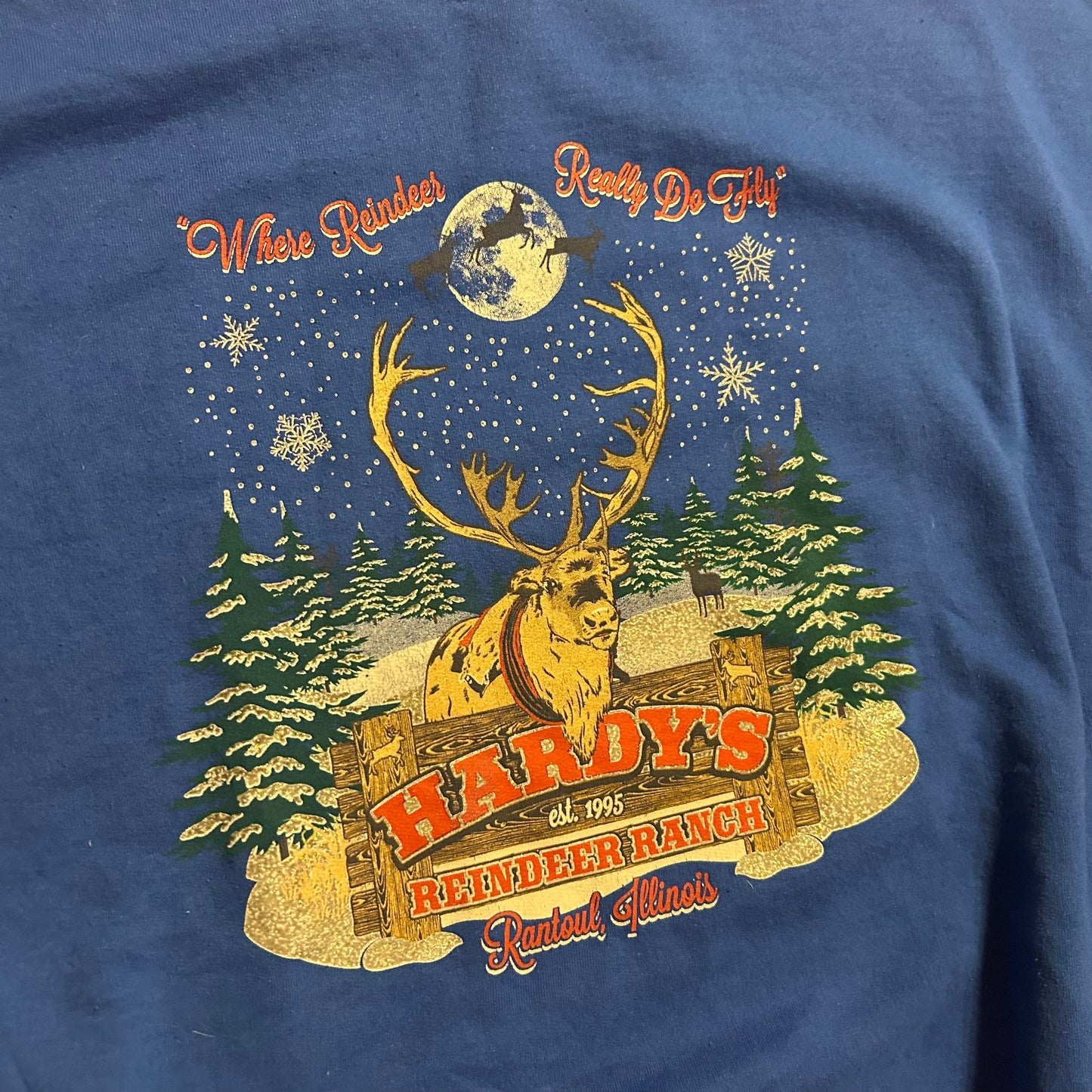 Hardy's Reindeer Ranch 蓝色圆领卫衣 - 加大码 (XLarge) - 25英寸 x 26.5英寸