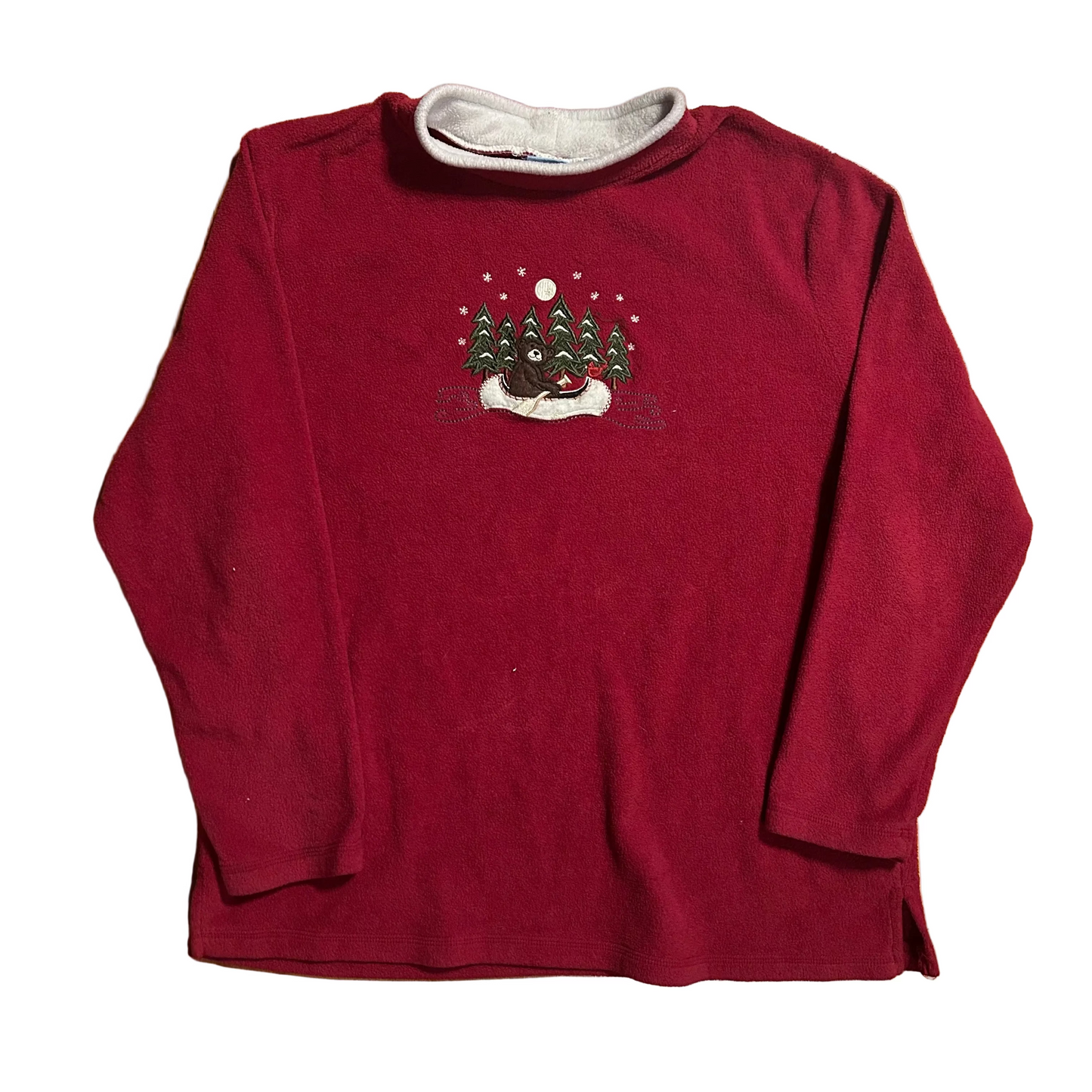 Croft and Barrow Bear Winter Maroon Fleece Crewneck Sweatshirt - Large - 23.5" x 28"