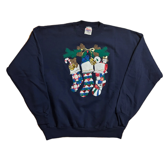 Hanes Heavyweight Christmas Navy Blue Stockings Crewneck Sweatshirt - XLarge - 25" x 26.5"