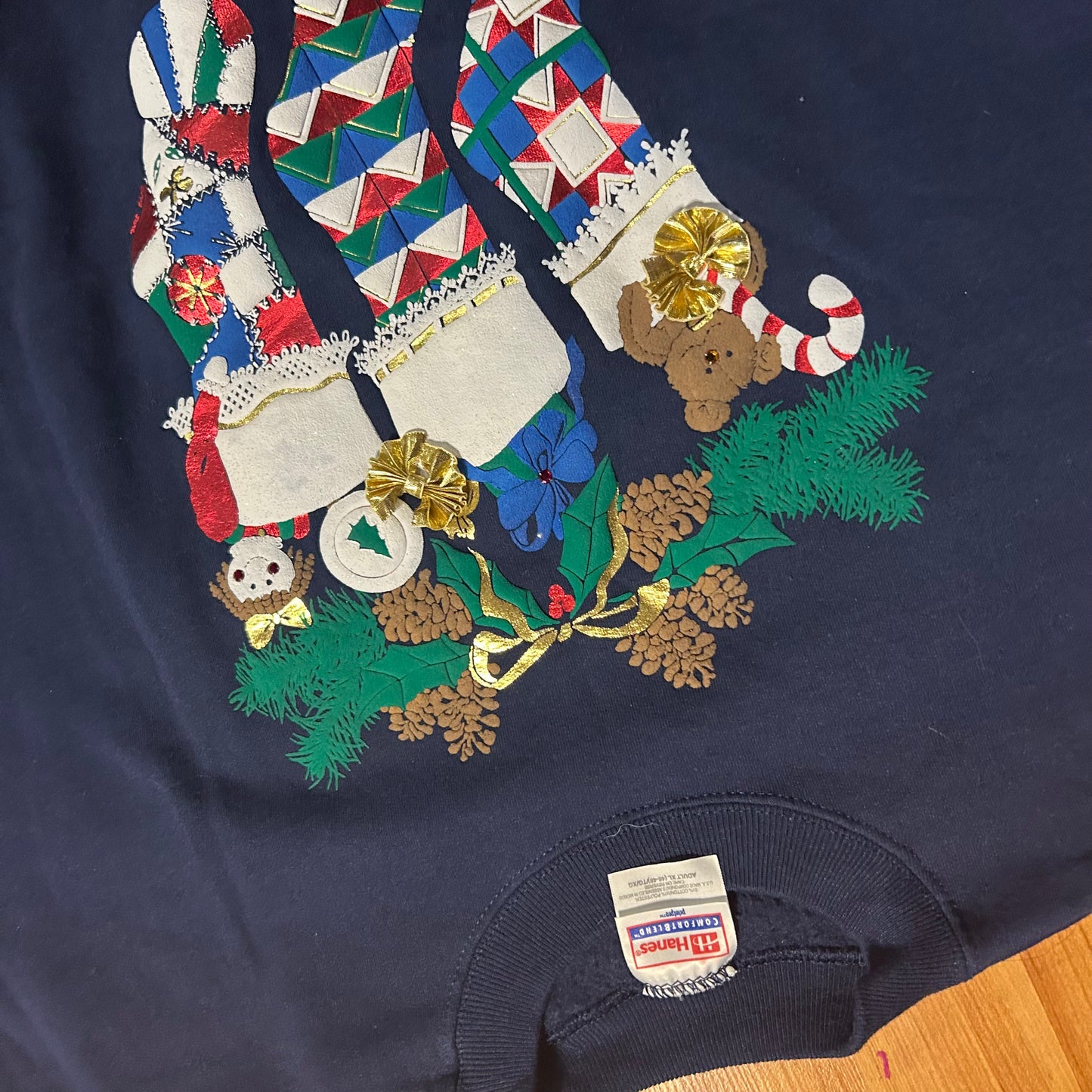 Hanes Heavyweight Christmas Navy Blue Stockings Crewneck Sweatshirt - XLarge - 25" x 26.5"