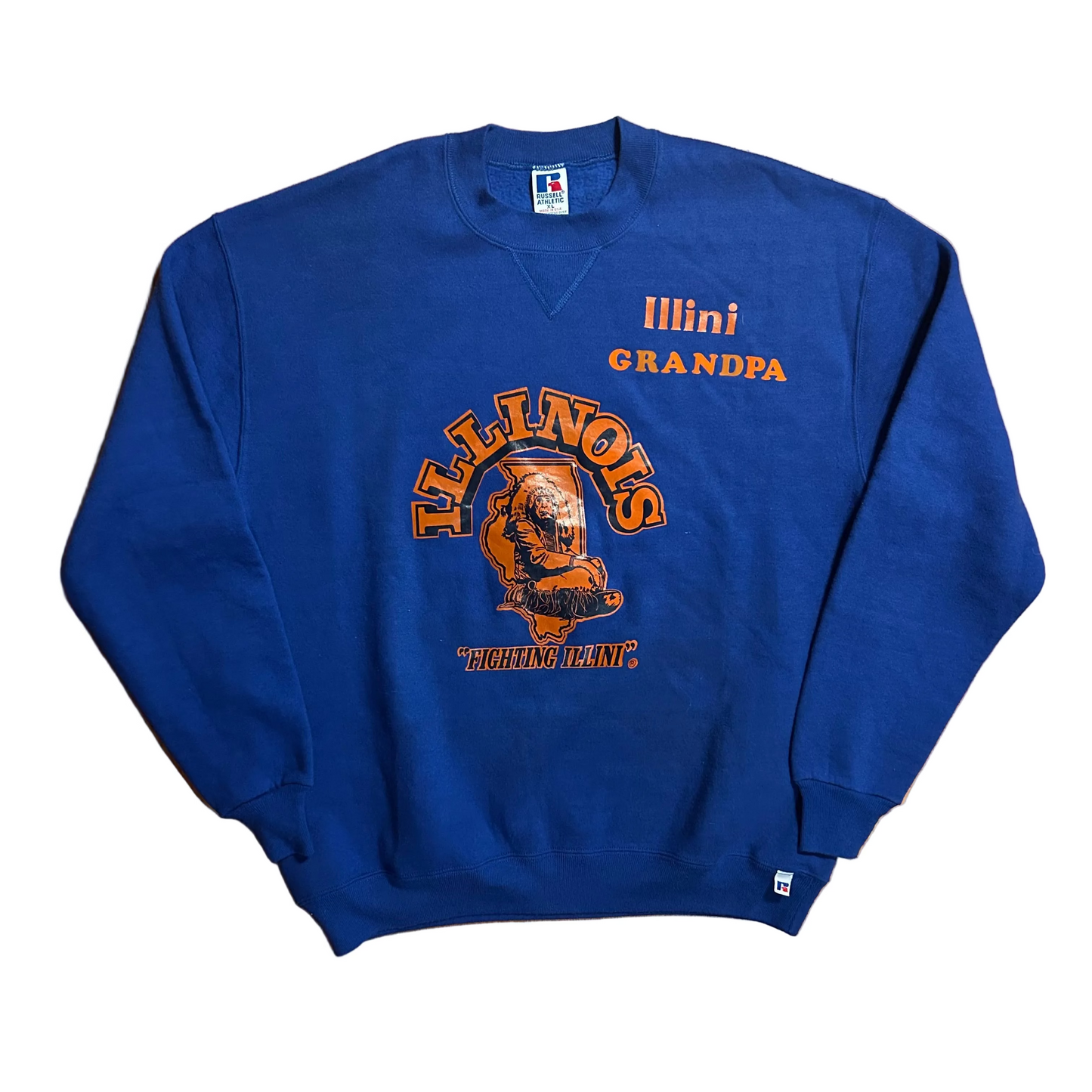 90’s Russell Athletics Illinois University Fighting Illini Grandpa Crewneck Sweatshirt - XLarge - 24" x 28"