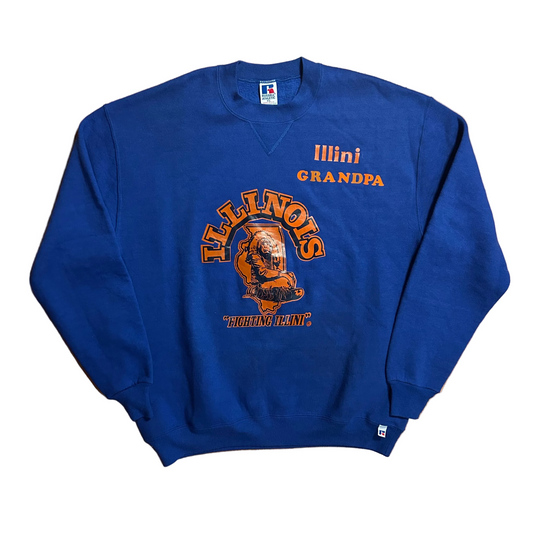 90’s Russell Athletics Illinois University Fighting Illini Grandpa Crewneck Sweatshirt - XLarge - 24" x 28"