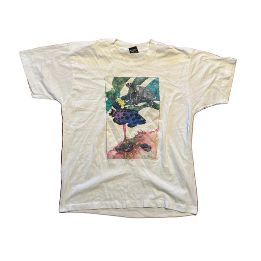 90's Watercolor Fish Ocean Sea White Tshirt - Medium - 21.5" x 28"