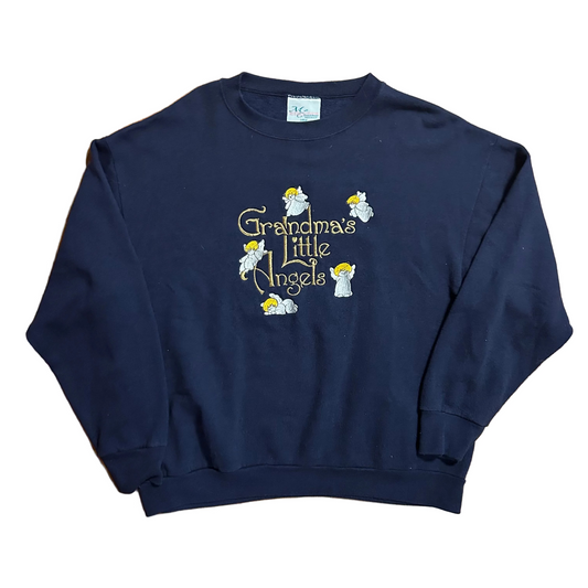 90’s Grandmas Little Angels Navy Blue Embroidered Crewneck Sweatshirt - Large - 23.5" x 26"