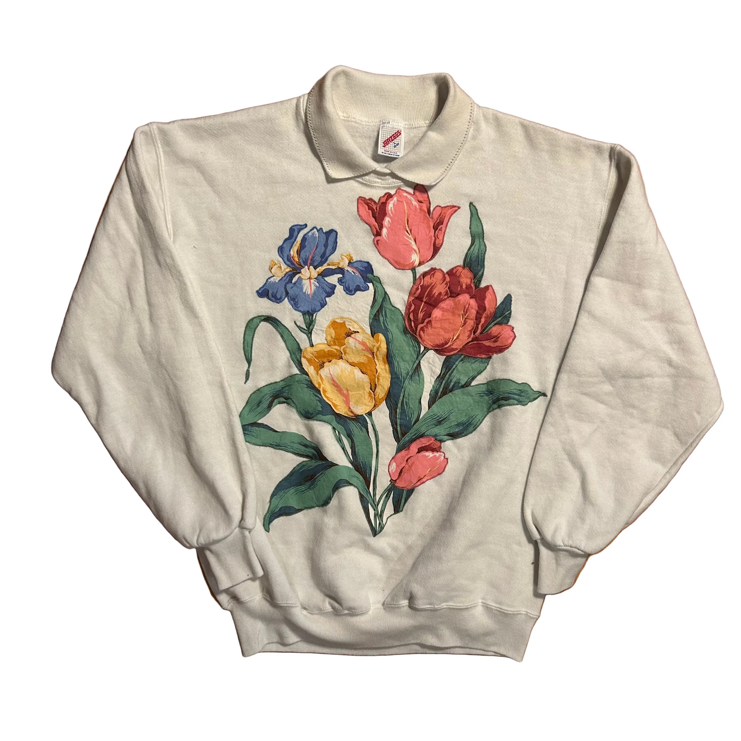 90’s Jerzees Flower White Collared Crewneck Sweatshirt - Medium - 21" x 26.5"
