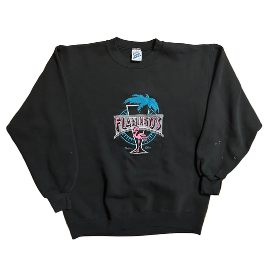 90’s Jerzees Super Sweats Flamingo Embroidered Black Crewneck Sweatshirt - Large - 22" x 26"