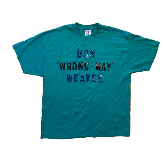 90's Hanes Heavyweight Green Blue Teal Bob "Wrong Way" Weaver Tshirt - Large - 22" x 28"