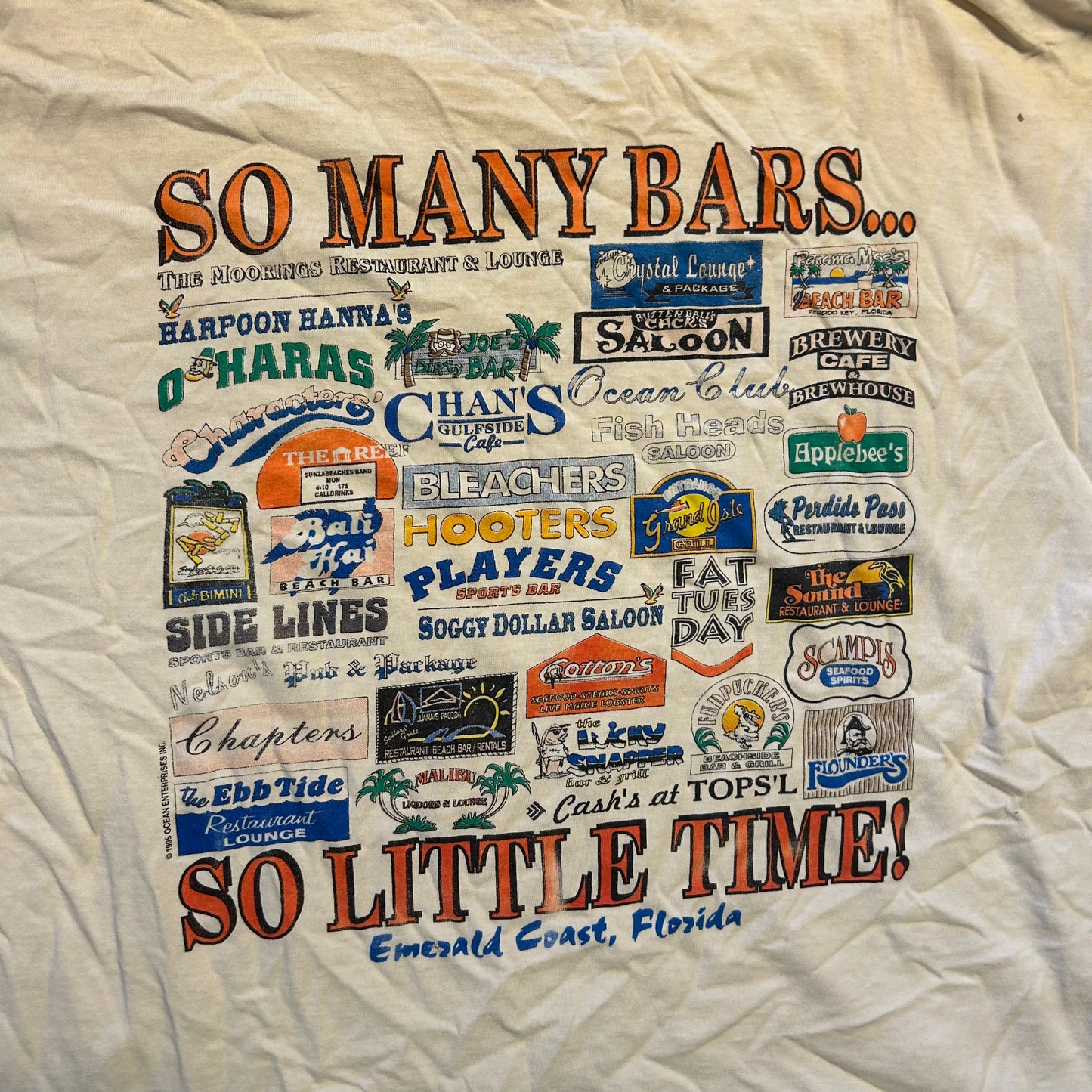 90's Delta Pro Weight So Many Bars So Little Time Emerald Coast Florida White Tshirt - Large - 23" x 27.5"