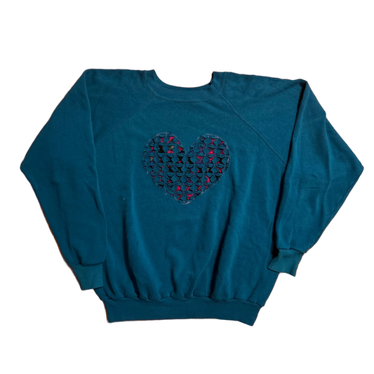 80/90’s Blue Teal Heart Crewneck Sweatshirt - Large - 23.5" x 24.5"