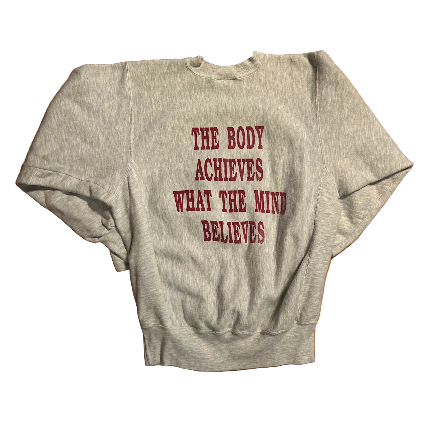 80/90’s Flat Land Body Achieves What Believes M Gymnastics Grey Reverse Weave Crewneck Sweatshirt - Large - 22.5" x 28"