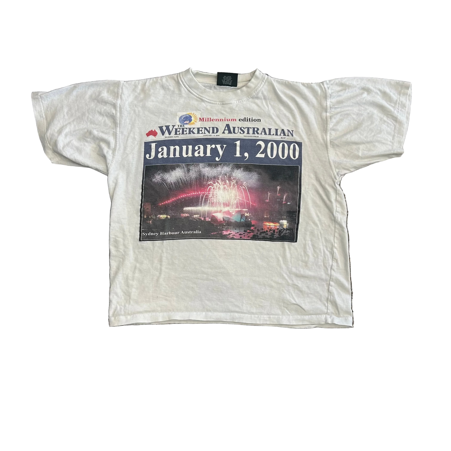Australian Newspaper Millenium January 1 2000 White Tshirt - Large - 23" x 24"
