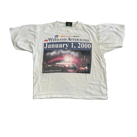 Australian Newspaper Millenium January 1 2000 White Tshirt - Large - 23" x 24"