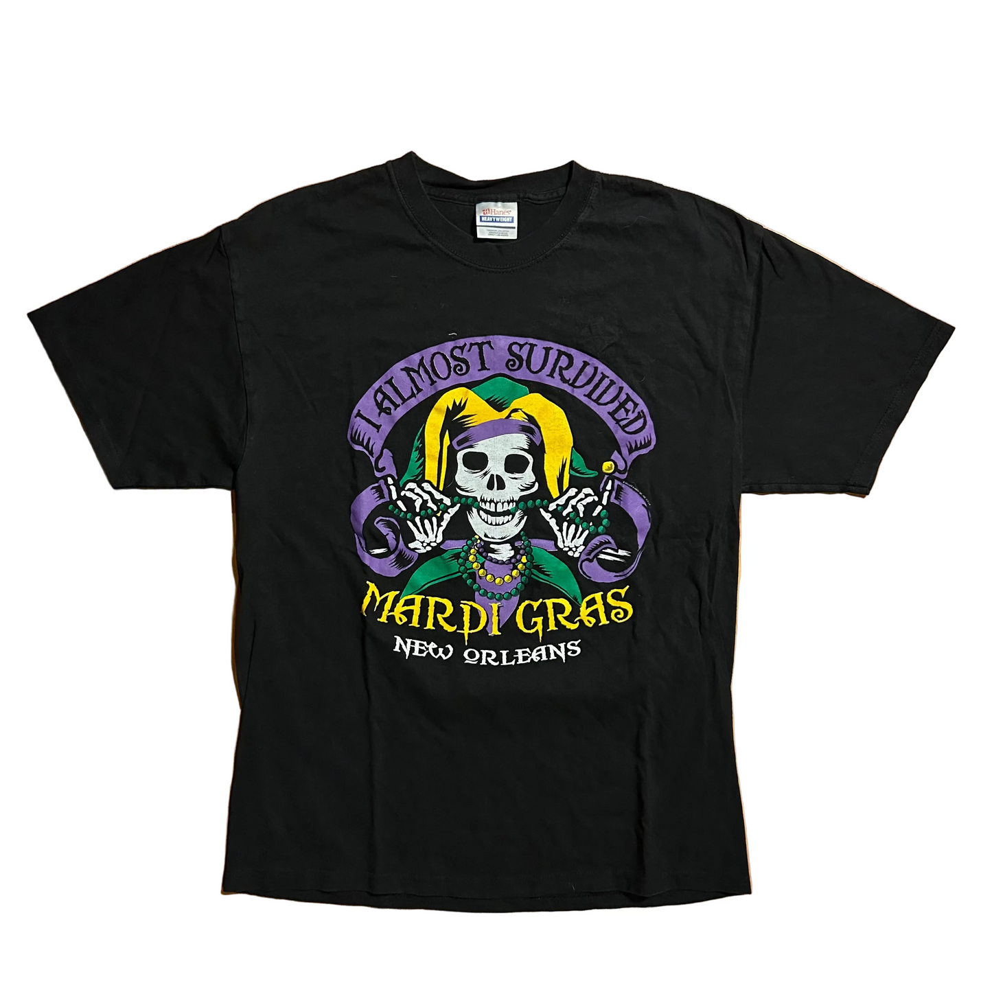 Hanes Heavyweight I Almost Survived Mardi Gras New Orleans Black Tshirt - Small - 19.5" x 28.5"