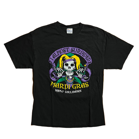 Hanes Heavyweight I Almost Survived Mardi Gras New Orleans Black Tshirt - Small - 19.5" x 28.5"