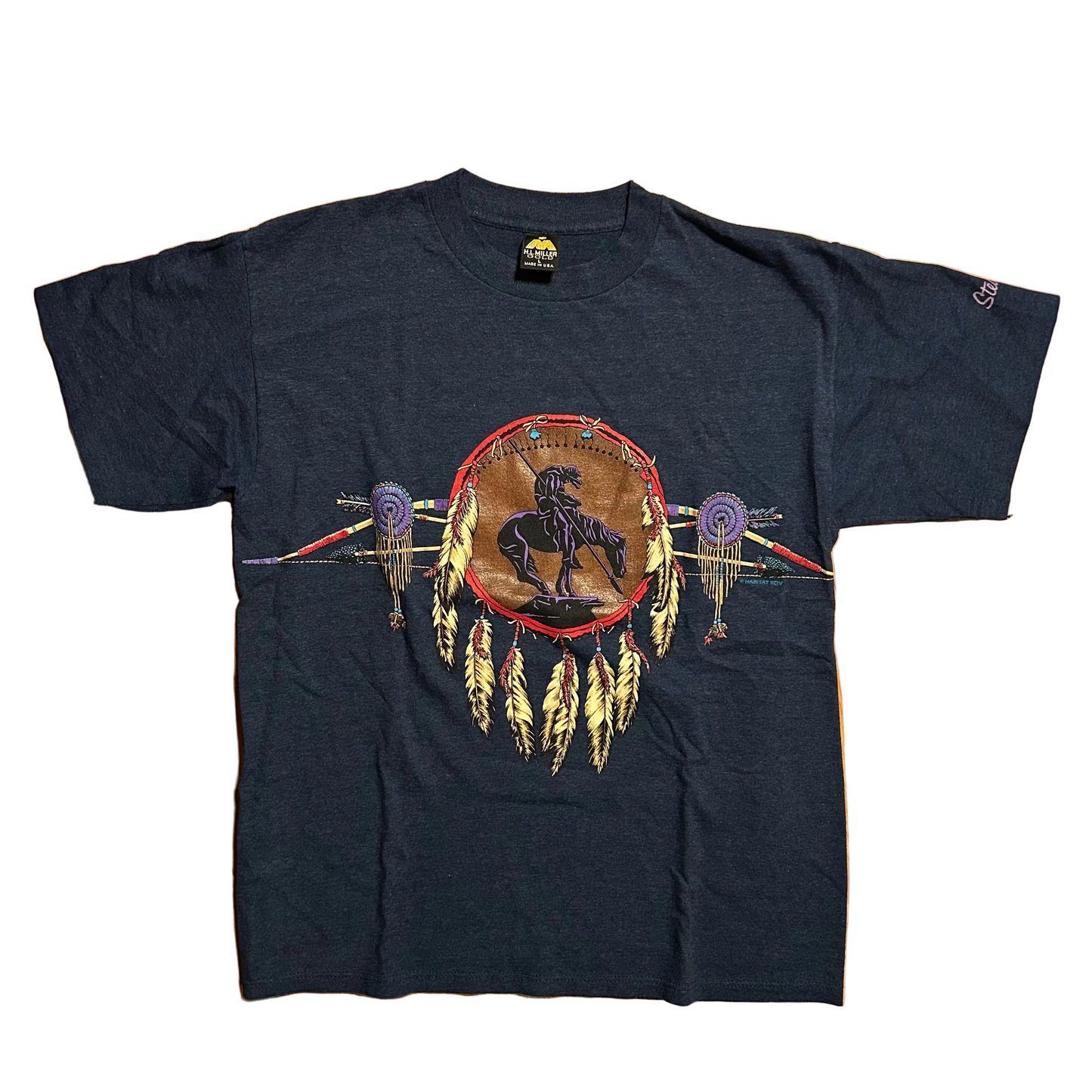 90’s HL Miller Horse Tribal Navy Blue Tshirt - Medium - 21.5" x 28"