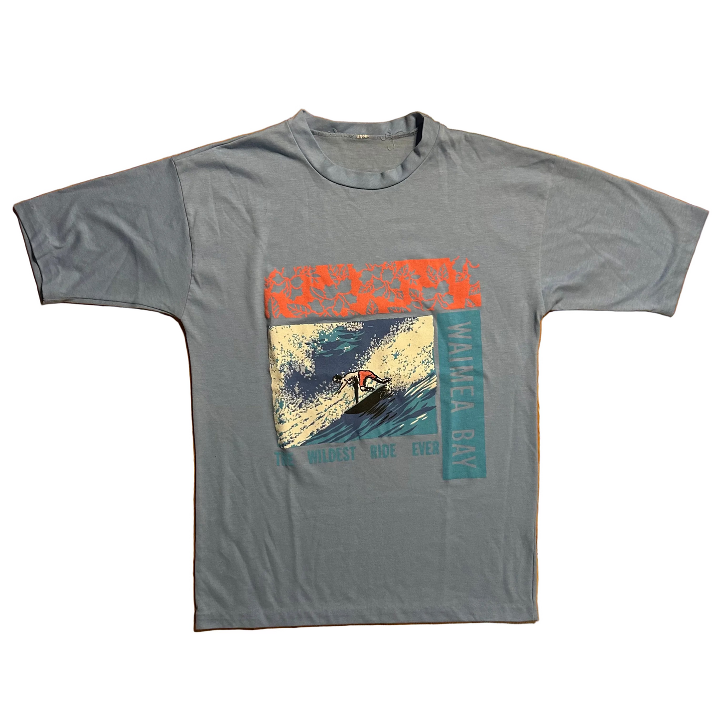 80’s Waimea Bay Wildest Ride Ever Surfing Light Blue Tshirt - Medium - 21.5" x 30"
