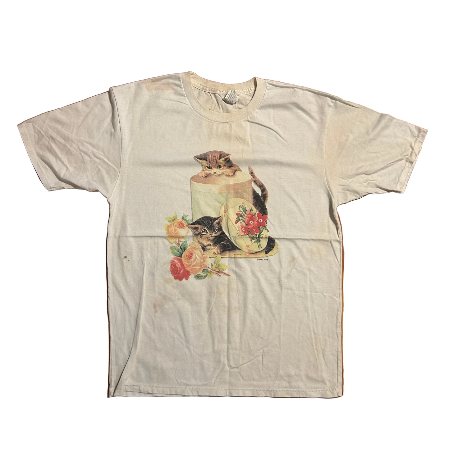 90's Kitten Cat Portrait White Tshirt - Medium - 20" x 26.5"