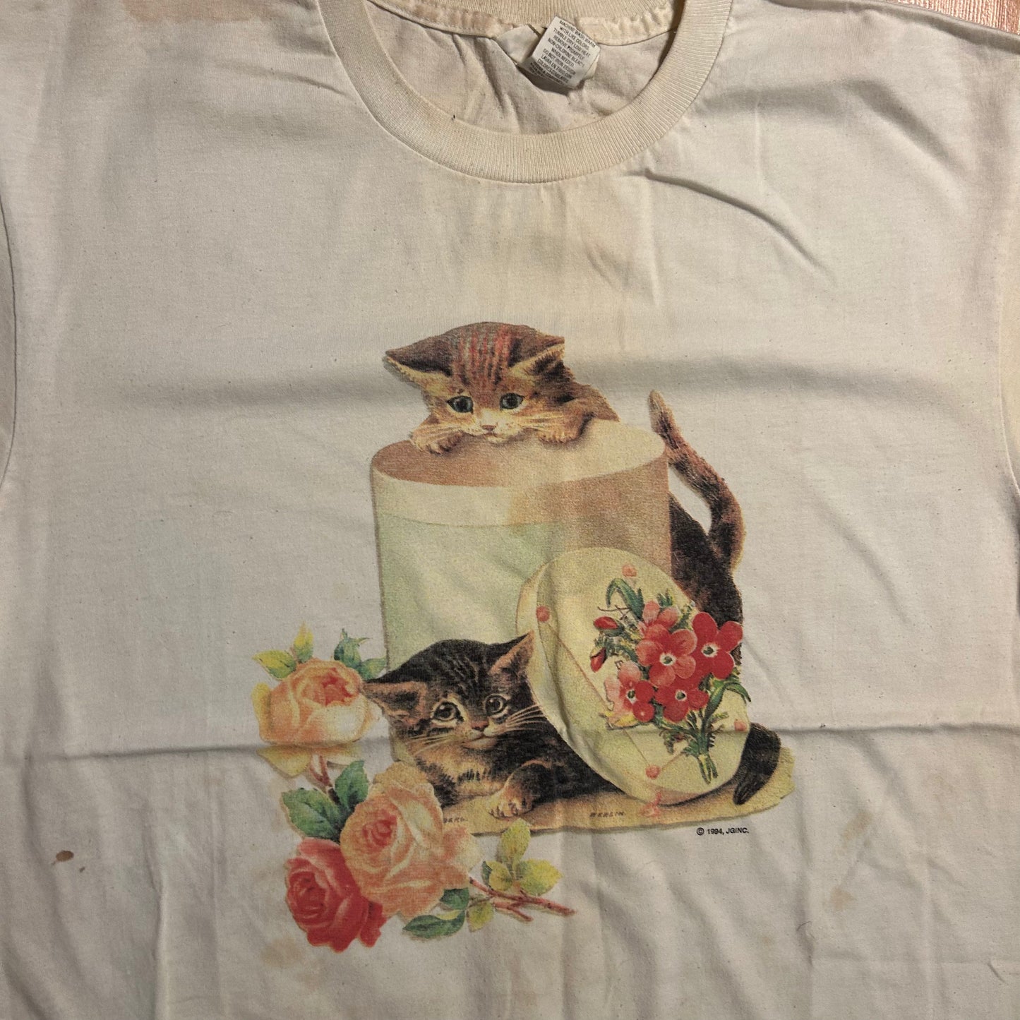 90's Kitten Cat Portrait White Tshirt - Medium - 20" x 26.5"
