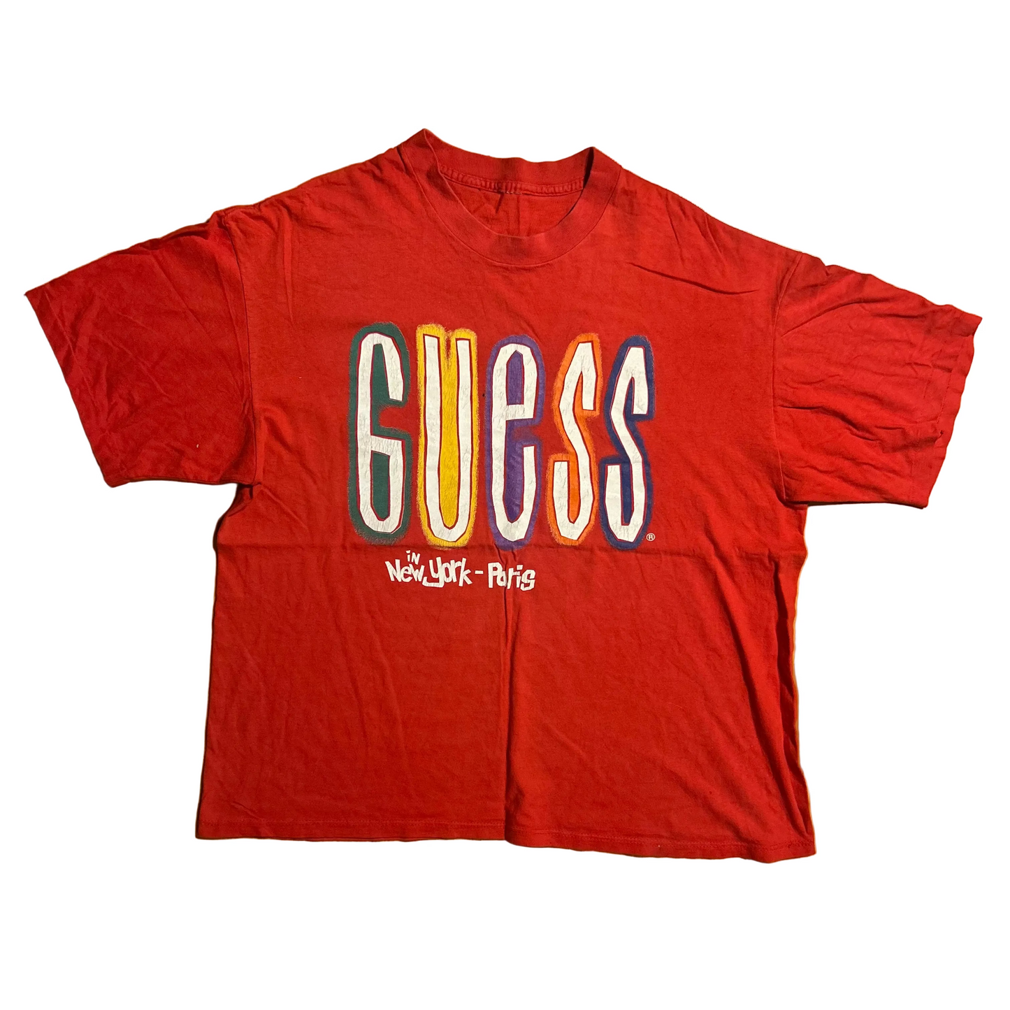 90's Guess Jeans in New York - Paris Red Logo Tshirt - Large - 23" x 27"