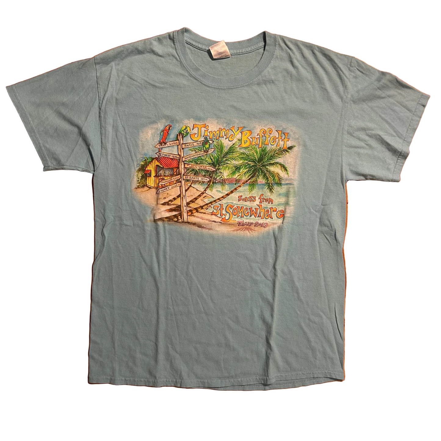 Jimmy Buffett 2013 Songs From Somewhere Concert Tour Light Blue Tshirt - Medium - 21" x 29"o
