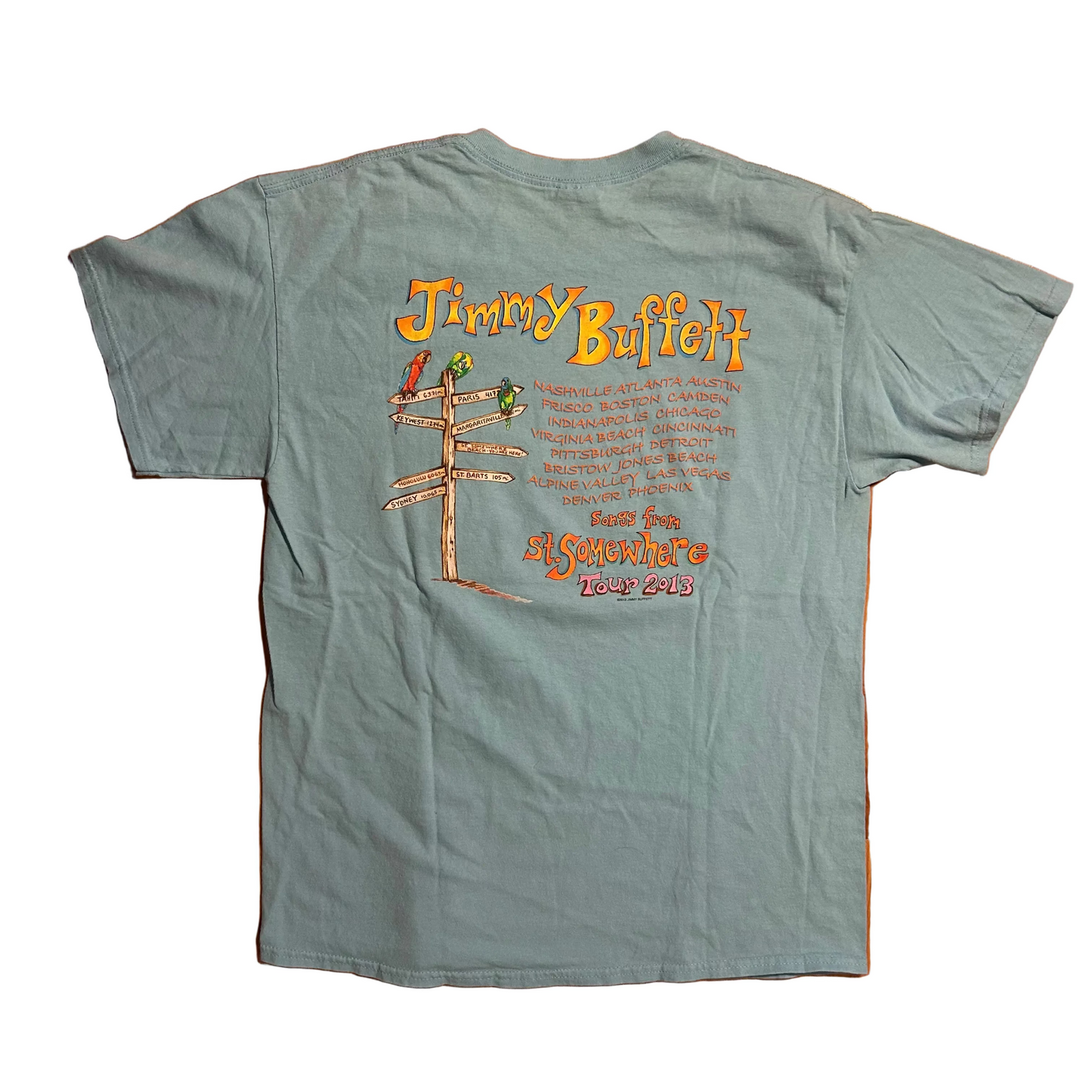 Jimmy Buffett 2013 Songs From Somewhere Concert Tour Light Blue Tshirt - Medium - 21" x 29"o