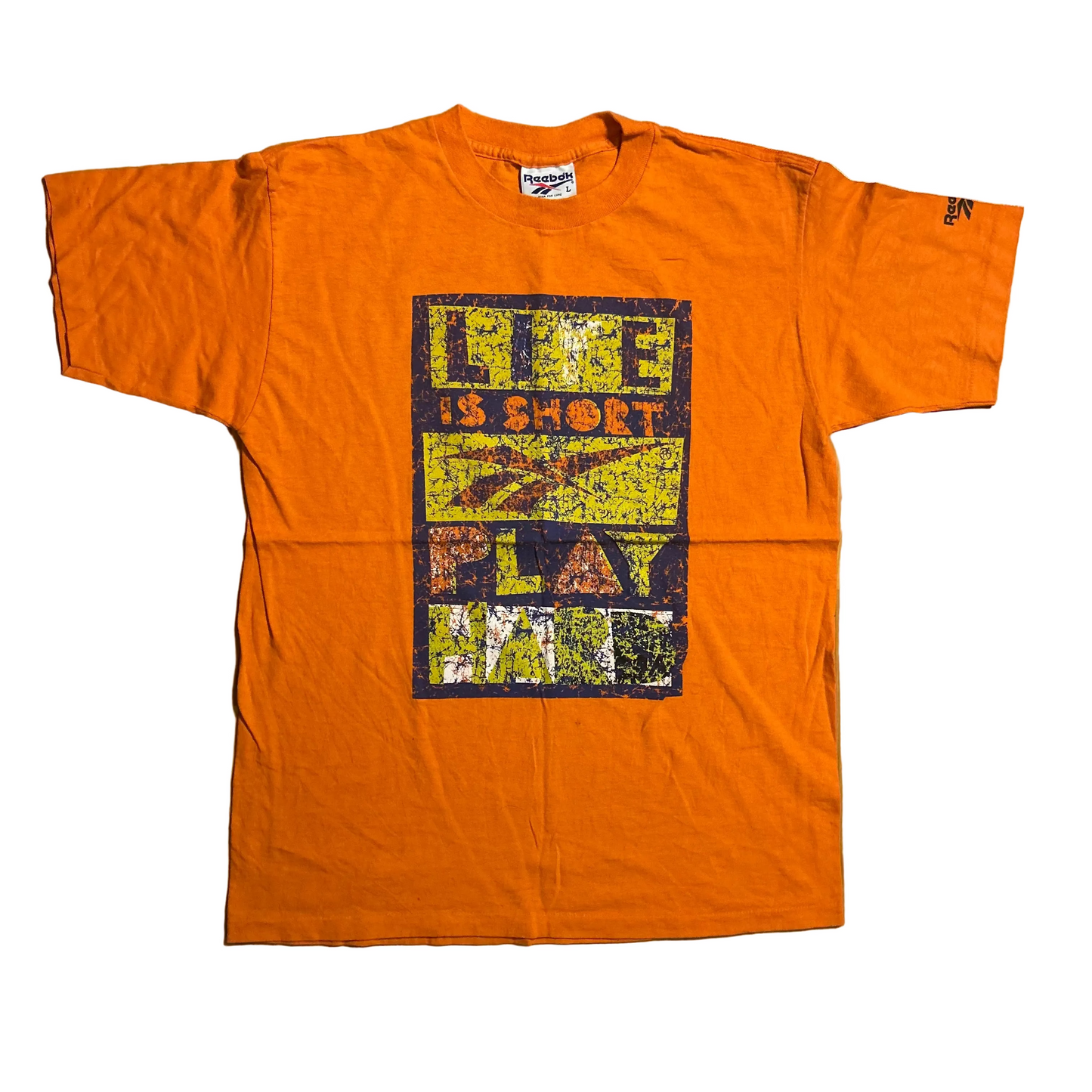 80/90's Reebok Life is Short Play Hard Orange Tshirt - Medium - 21" x 29"