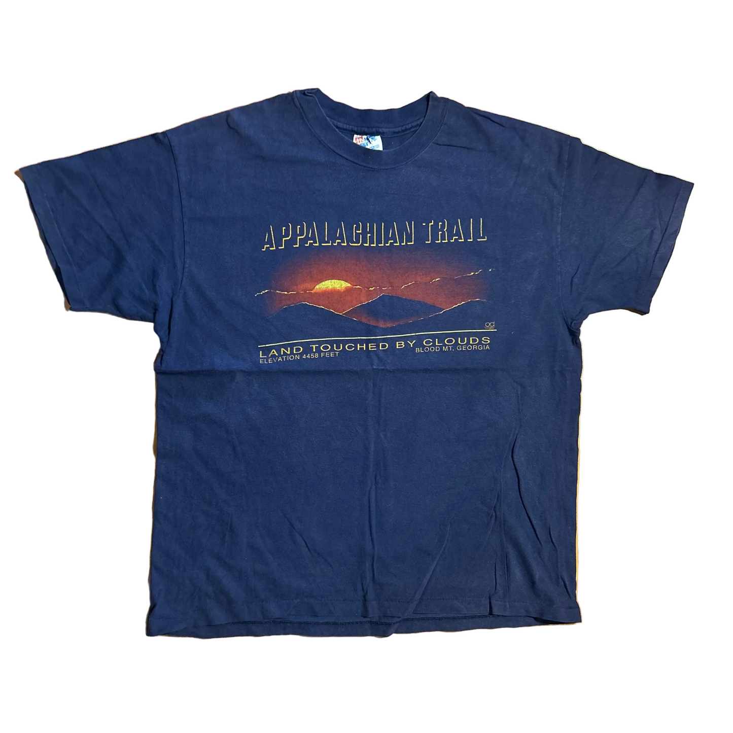 90's Hanes Beefy Appalachia Mountains Land Touched by Clouds Blood Mt Georgia Navy Blue Tshirt - Large - 23" x 28"
