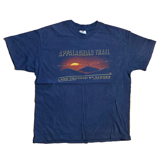 90's Hanes Beefy Appalachia Mountains Land Touched by Clouds Blood Mt Georgia Navy Blue Tshirt - Large - 23" x 28"