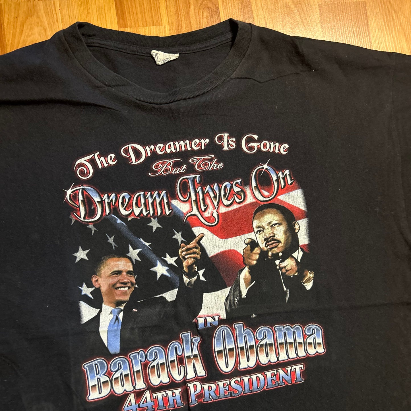 Barack Obama MLK Jr President Dream Lives On Black Tshirt - Large - 23" x 27"