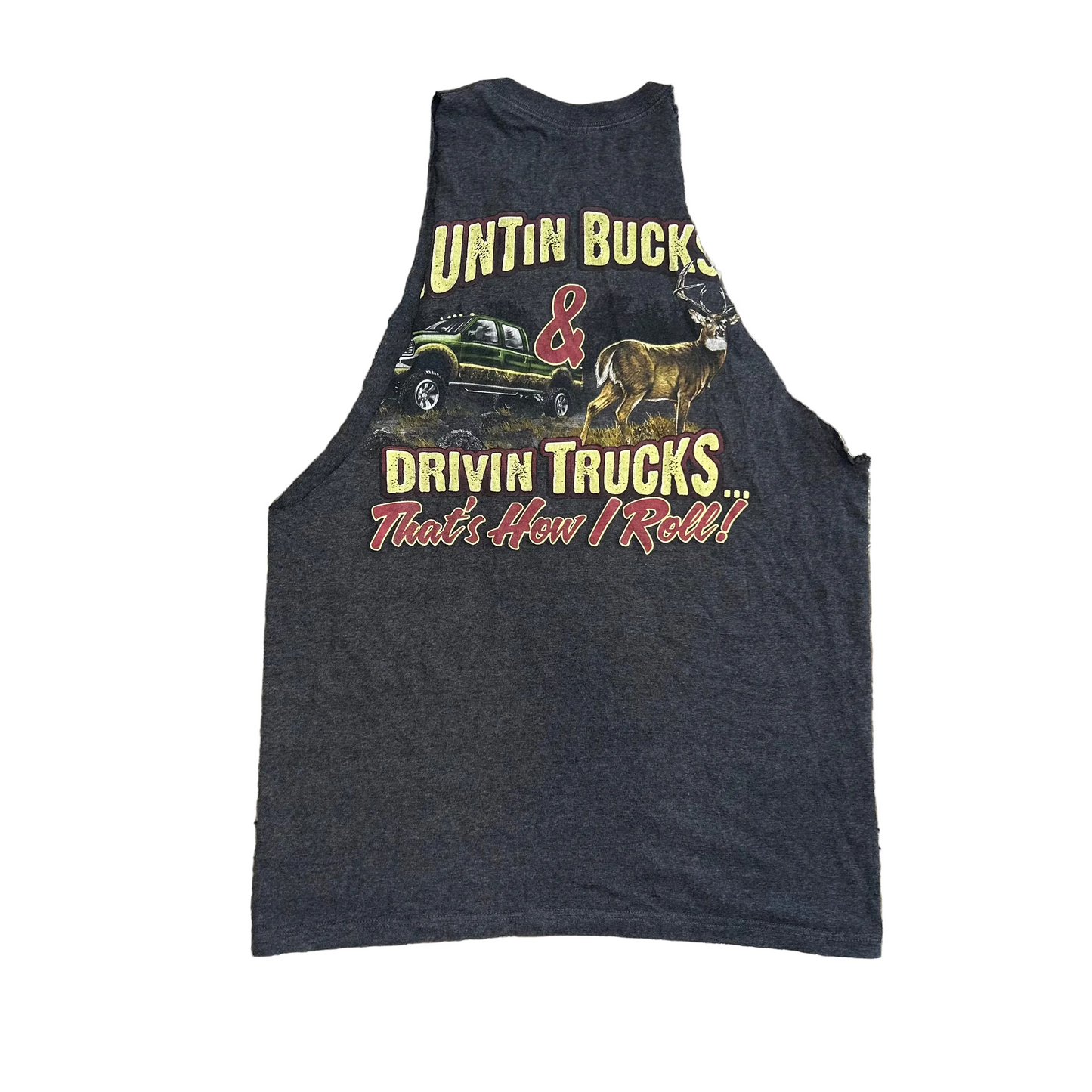 Buckwear Huntin Bucks and Drivin Trucks That's How I Roll Grey Tank Top Shirt - Medium - 20" x 29"