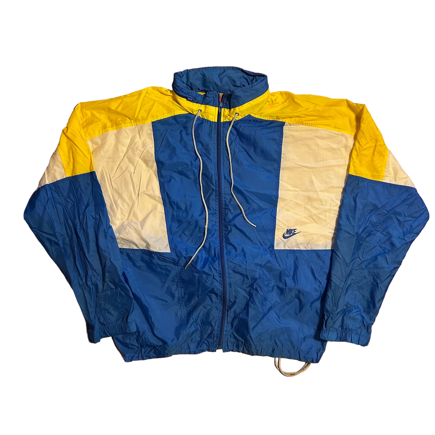 90's Nike Grey Tag Zip Up Blue Yellow White Windbreaker Jacket - XLarge - 24" x 25.5"