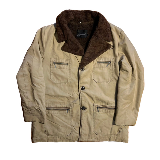 70/80's JCPenney Fur Lined Brown Tan Zip Up Overcoat Jacket - Large - 23" x 30"