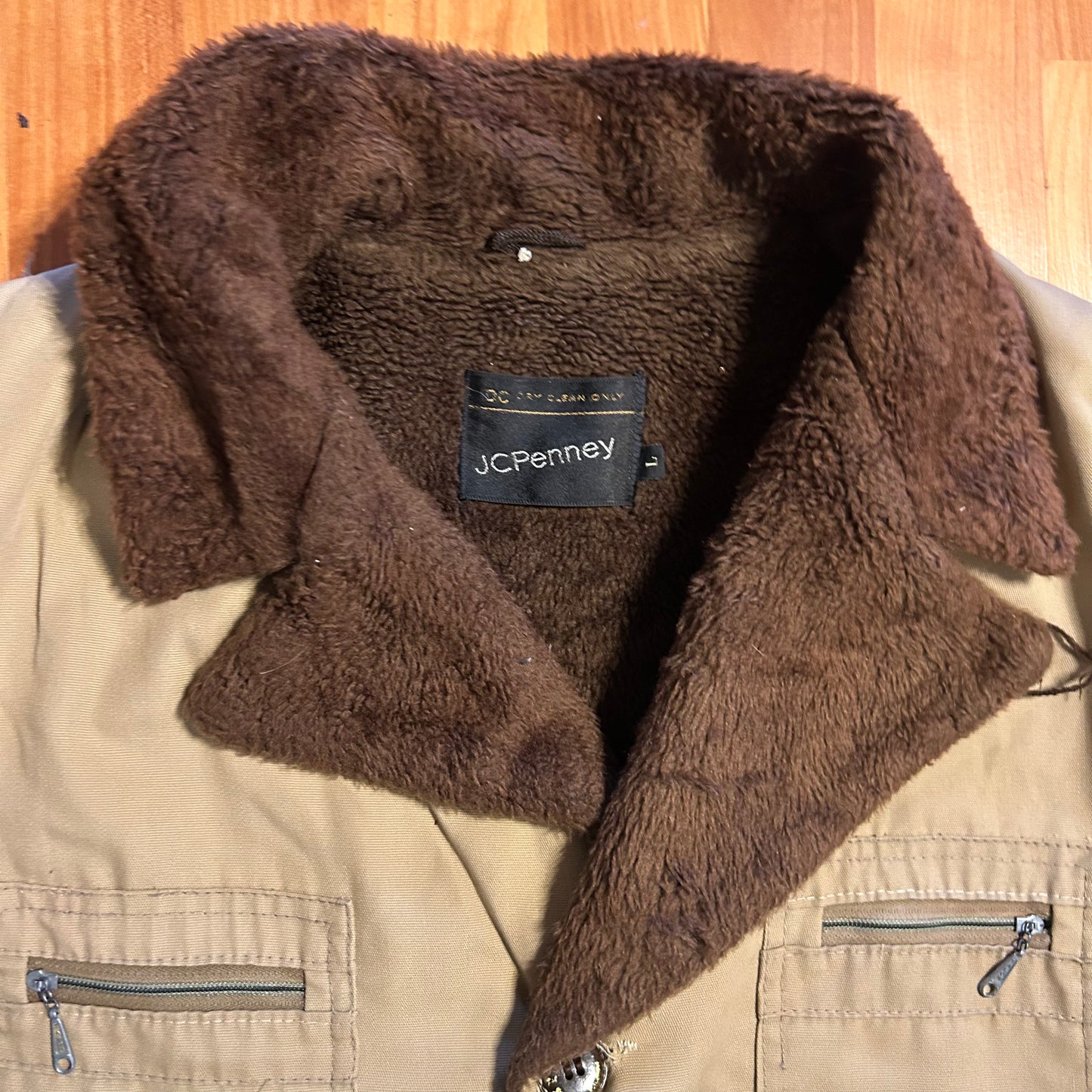 70/80's JCPenney Fur Lined Brown Tan Zip Up Overcoat Jacket - Large - 23" x 30"